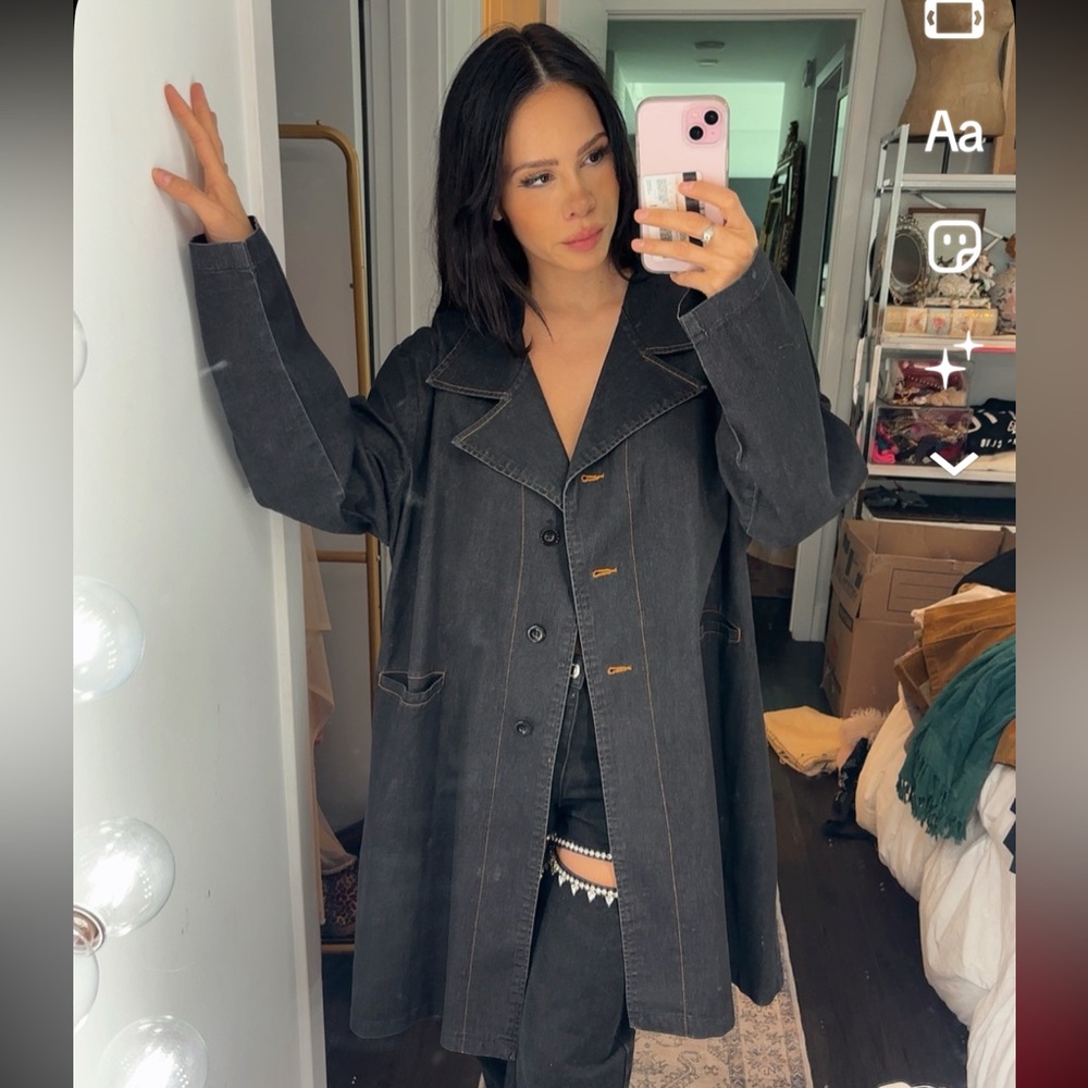 Vntg Stylish Dark Denim Trench Coat